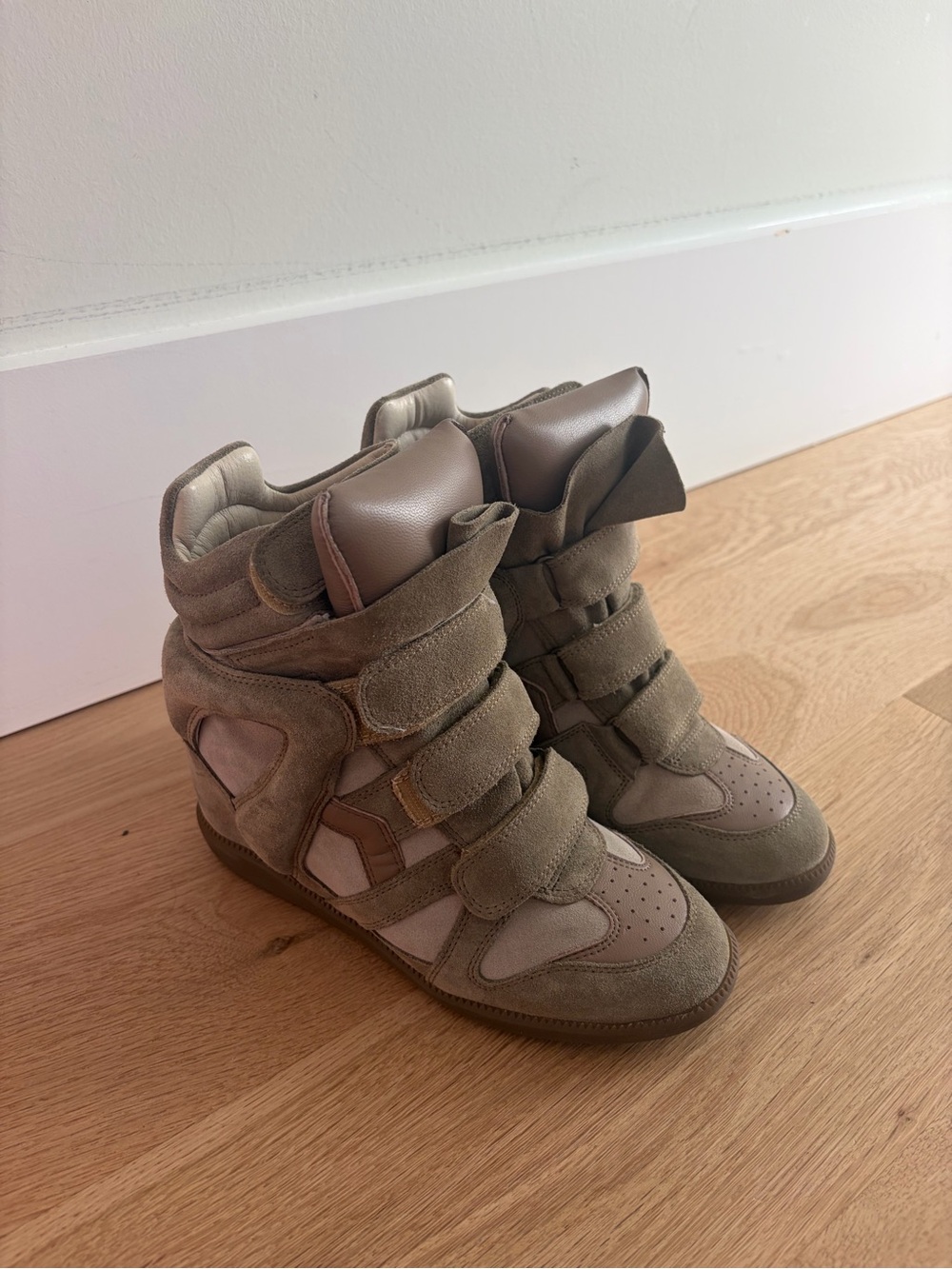 Isabel Marant Tan and Beige Suede Heeled Sneakers